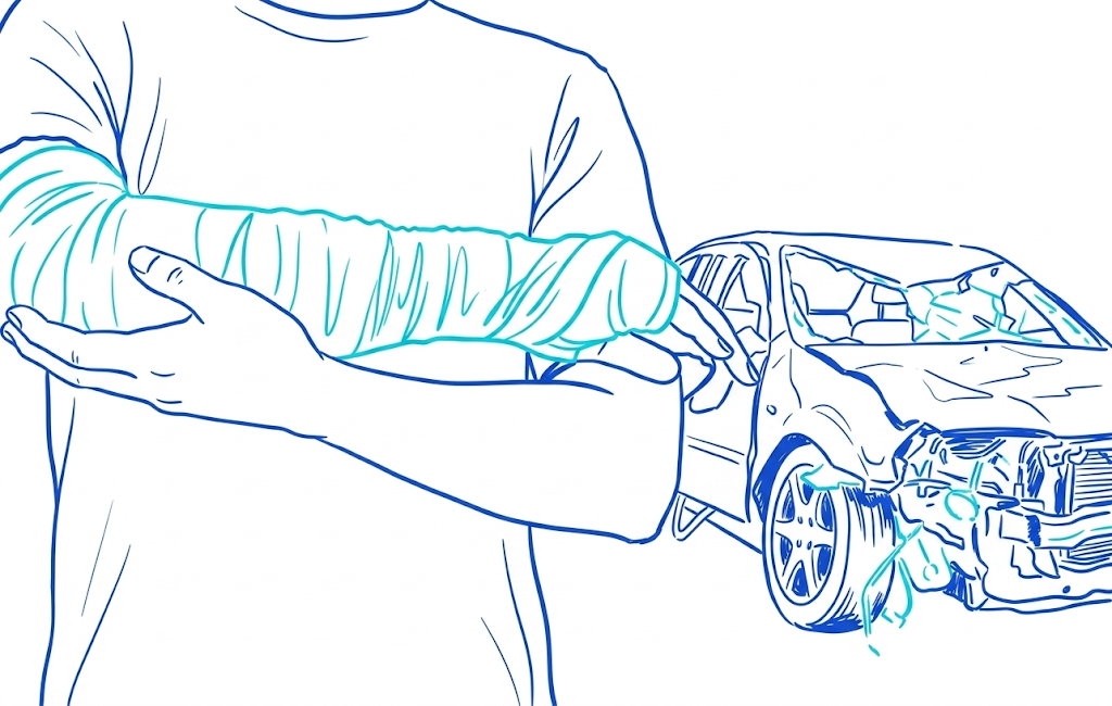 Ilustración: víctima con brazo inmovilizado junto a coche siniestrado
